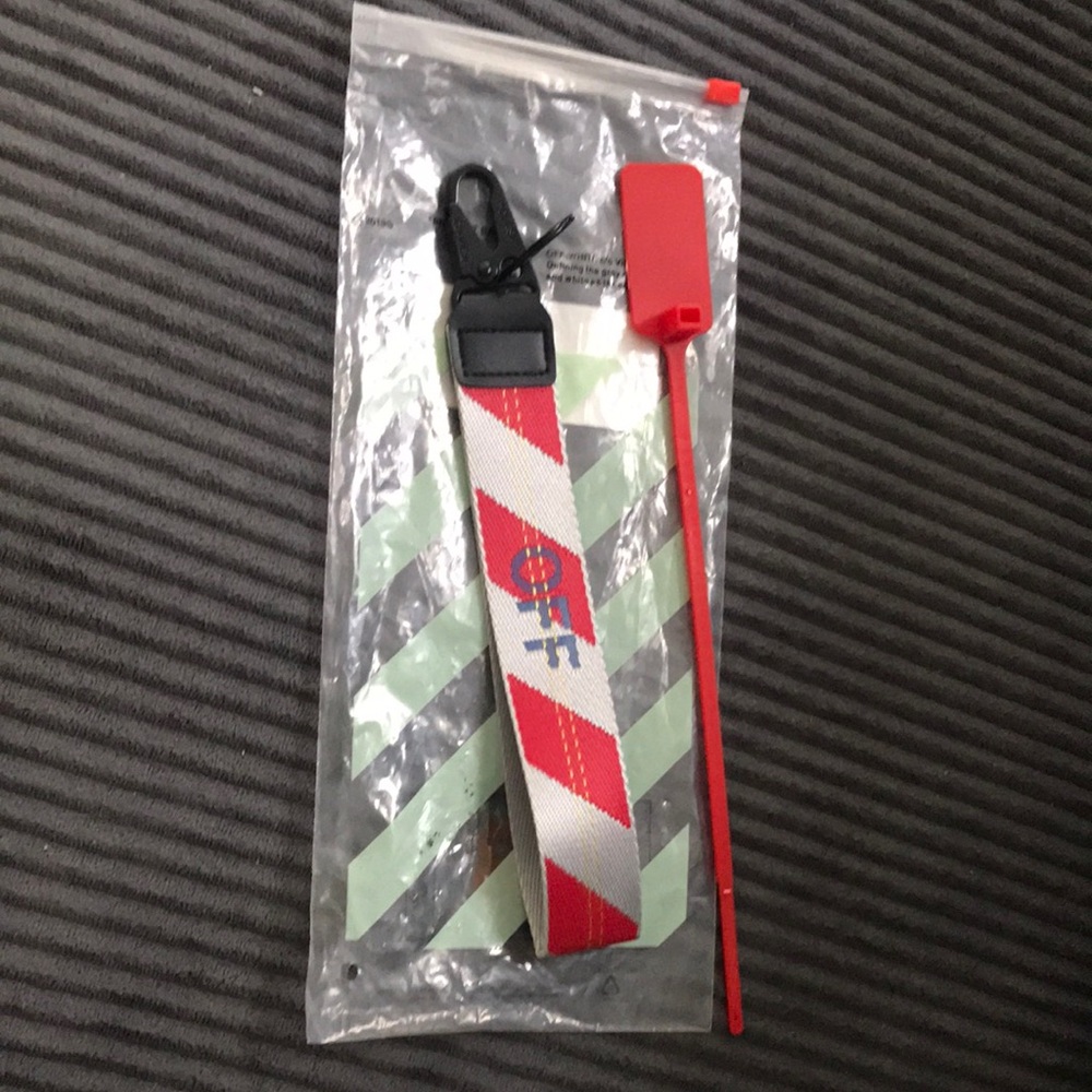 Off-White Red and White Diagonal Stripe Key Strap